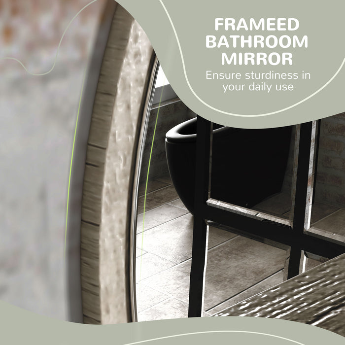 Round 45cm Wall Mirror with Grey Wood-Effect Shelf - Elegant Home Accent Piece - Ideal for Entryway Decoration and Space Saving