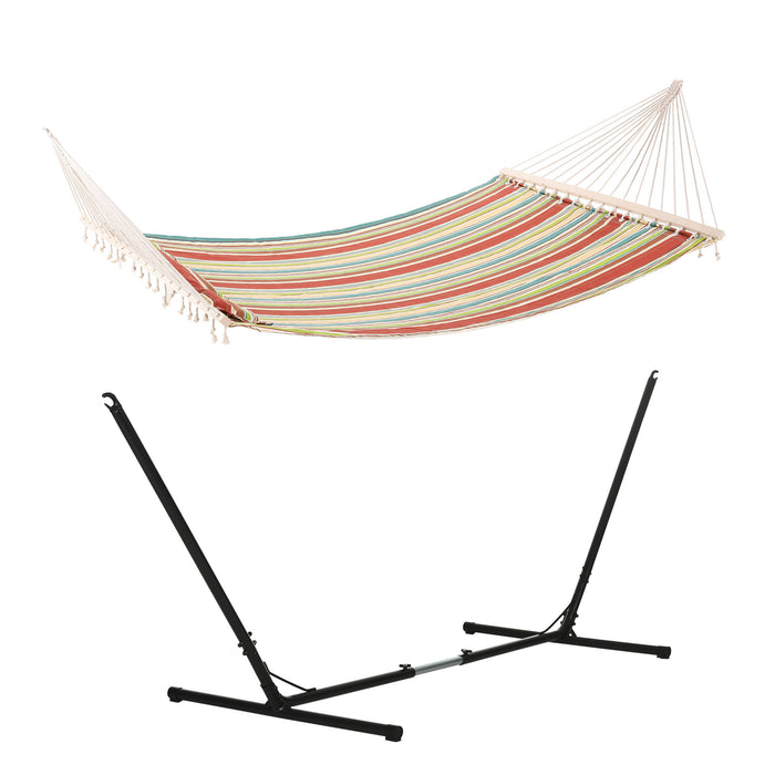 Double Cotton Outdoor Garden Hammock with Stand - Adjustable Steel Frame Swing Hanging Bed with Pillow, Red Stripes - Perfect for Patio, Garden, Beach Relaxation