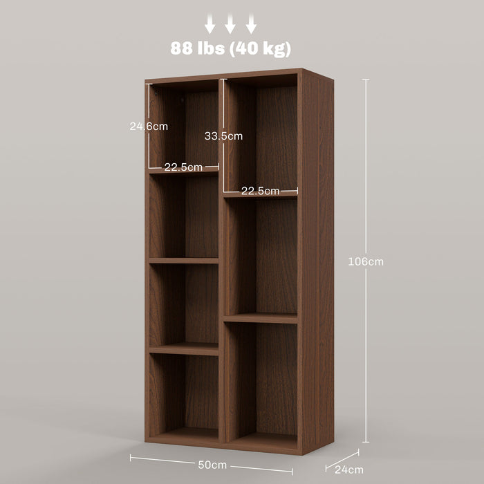 Seven-Cube Storage Organizer - Walnut Finish Shelving Unit - Space-Saving Bookshelf for Home or Office Use