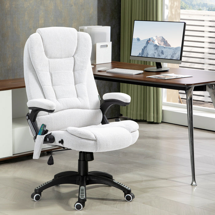 Heated Massage Recliner Chair with Linen Fabric - 6-Point Vibrating Office Chair with Swivel Casters - Comfort for Home and Office Use, Cream White