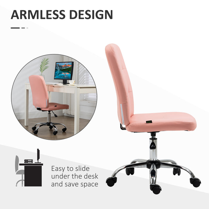 Pink Faux Leather Armless Desk Chair - Stylish & Comfortable Seating Solution for Office and Home Study - Ideal for Students and Professionals