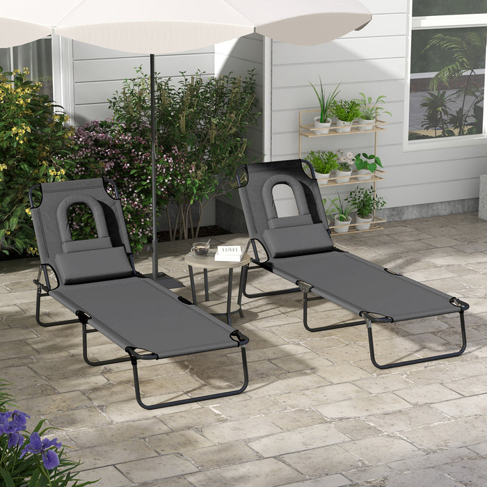 Foldable Sun Lounger Duo Pack - 4-Position Adjustable Reclining Chair with Pillow & Reading Hole, Dark Grey - Perfect for Patio Relaxation & Sunbathing