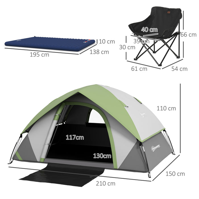 2-3 Person Dome Tent Combo - Includes Inflatable Mattress & Camping Chair, Sewn-in Groundsheet, 3000mm Waterproof - Ideal for Fishing, Hiking Campouts