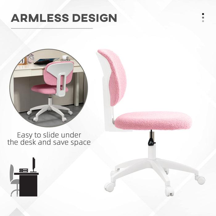 Cute Pink Vanity Task Chair - Armless, Adjustable Height & Swivel Wheels, Mid-Back Design - Ideal for Office & Home Workspaces