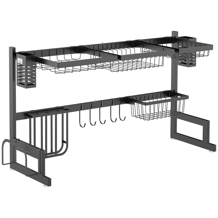 HOMCOM 93cm Over The Sink Dish Drainer Rack, 2 Tier Dish Rack for Kitchen Counter, Space Saving Dish Drying Rack, Black | Aosom UK