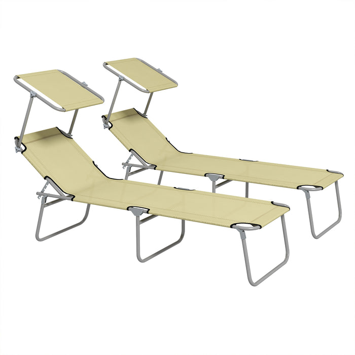 Foldable Twin Sun Lounger Chairs with 4-Level Adjustable Backrest and Sunshade - Reclining Beach and Patio Furniture in Beige - Ideal for Sunbathing and Relaxation Outdoors