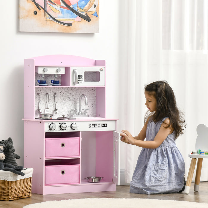 Interactive Wooden Play Kitchen Set with Functional Lights & Sounds - Includes Coffee Maker, Microwave, Sink, Utensils & Storage Bins - Perfect for Children's Imaginative Pretend Play in Pink