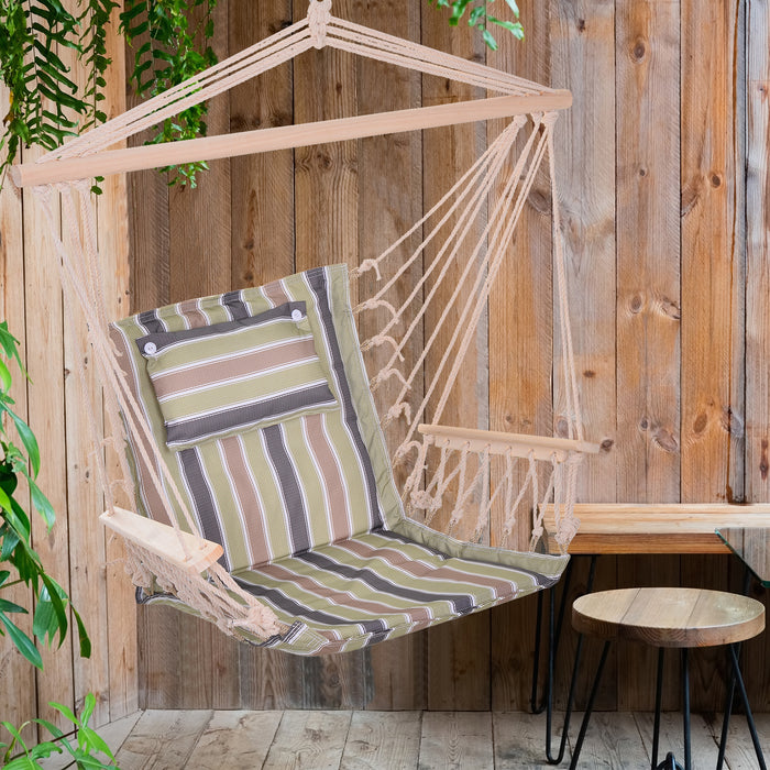 Stylish Garden Hanging Hammock Chair - Durable Thick Rope with Wooden Armrests and Wide Seat - Perfect for Outdoor Relaxation and Comfort