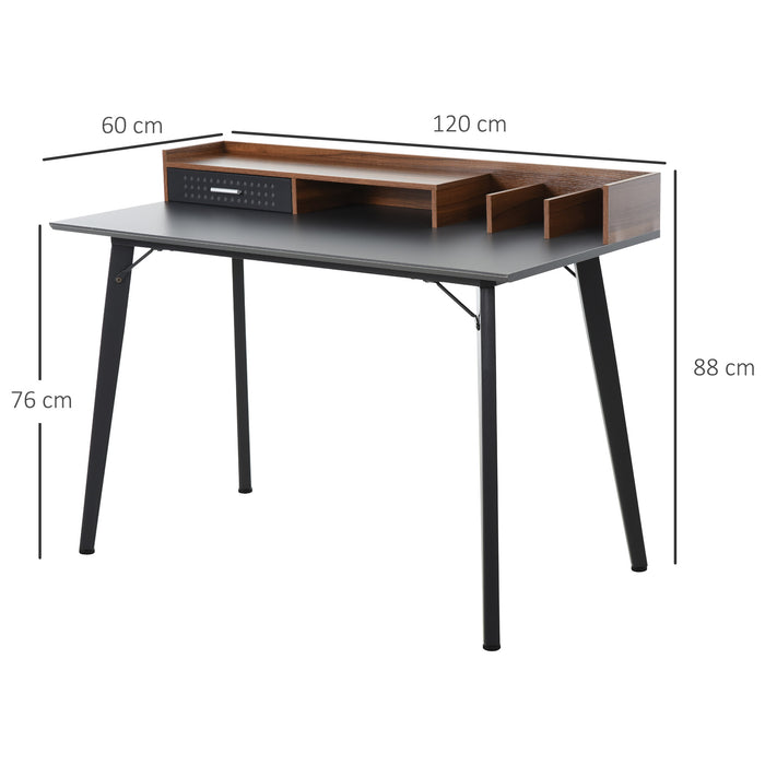 Modern Computer Desk with Hutch and Drawer - Laptop Writing Table Workstation in Brown and Black - Ideal for Home Office Use