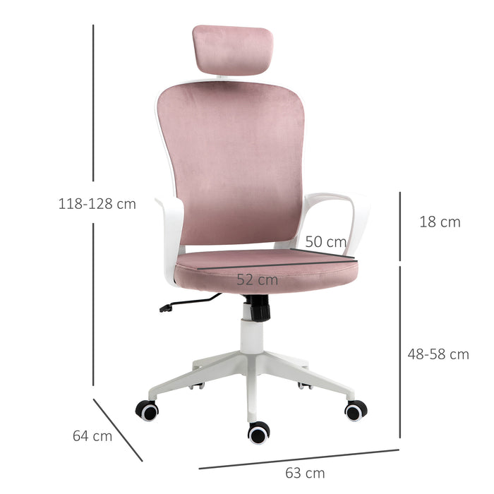 Ergonomic Velvet High-Back Chair with Rocking Feature - Home Office Computer Desk Chair with Wheels & Adjustable Headrest - Comfortable Seating for Long Working Hours, Pink