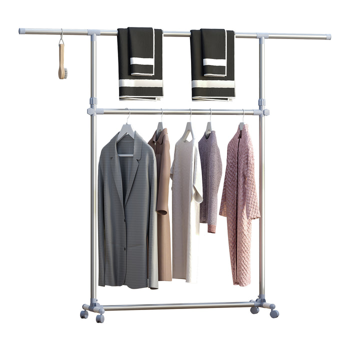 Heavy Duty Garment Rail - Sturdy Clothes Hanging Display Stand with Wheels - Adjustable Rack for Wardrobe Organization and Storage