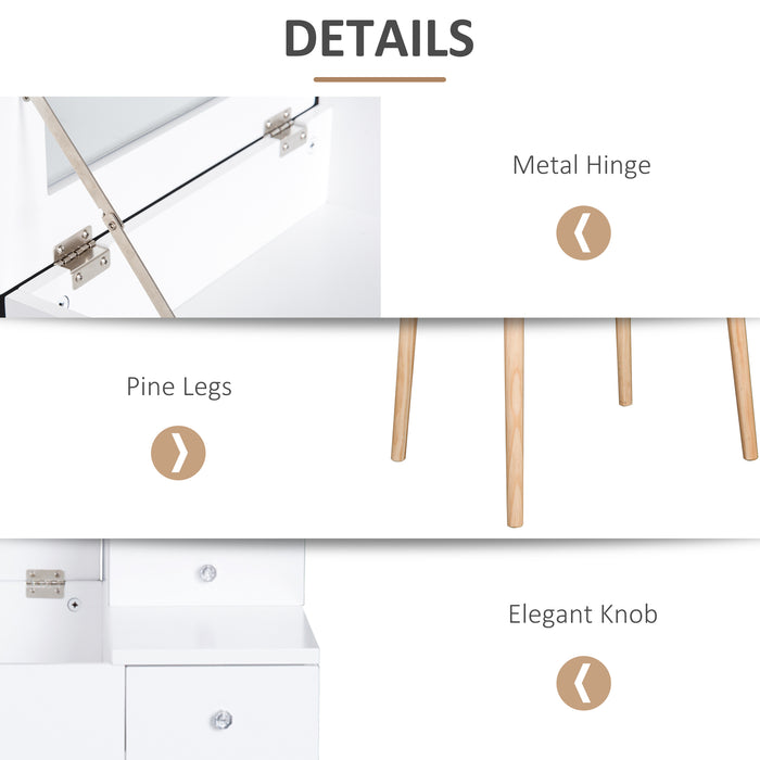 Modern MDF and Pine Dressing Table with Flip-Up Mirror - Versatile Desk with 2 Drawers in Sleek White Finish - Ideal for Bedroom Makeup Station and Work Area