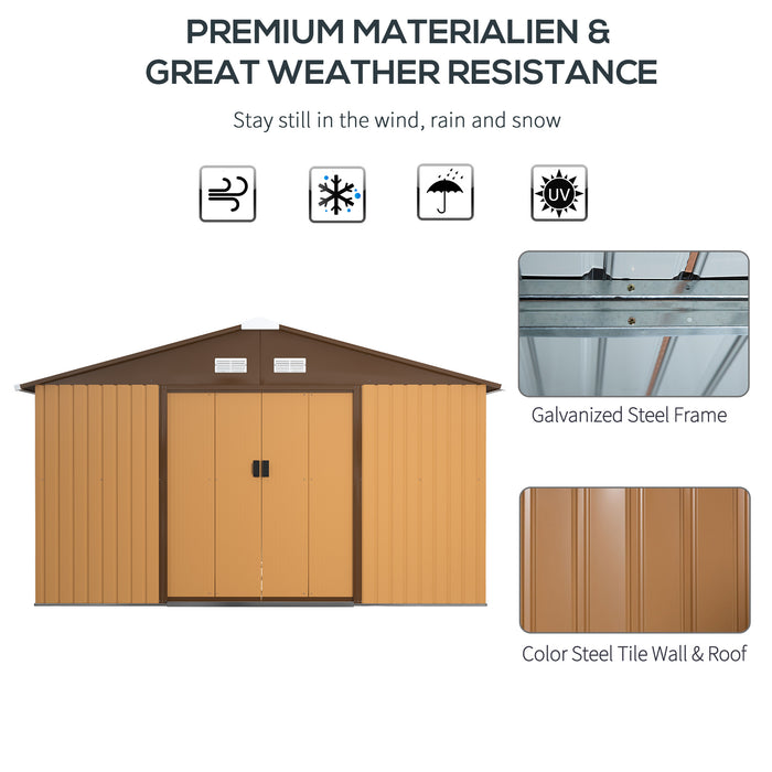 Large Metal Garden Shed 13x11 ft - Patio Tool Storage with Ventilation and Sliding Doors, Yellow - Ideal for Outdoor Equipment Organization