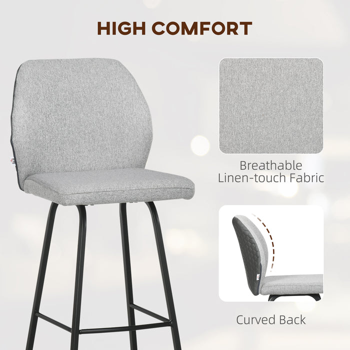 Linen-Touch Fabric Bar Chairs Set of 4 - Upholstered Stools with Backs & Sturdy Steel Legs for Kitchen and Dining Room - Elegant Light Grey Seating Solution