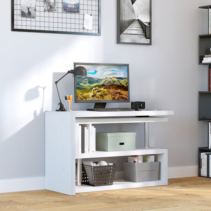 L-Shaped Swivel Corner Desk - 360° Rotating Home Office Workstation with Storage Shelf - Ideal for Writing & Computer Setup in White