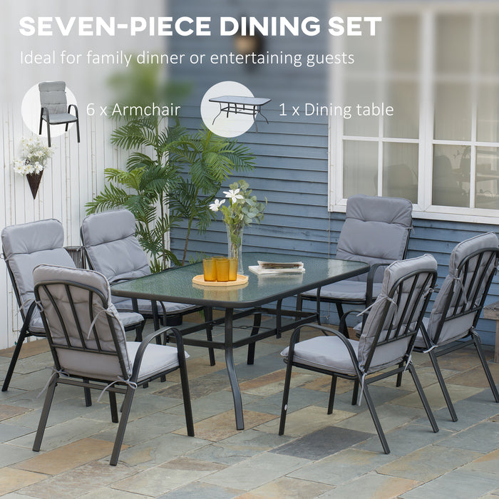 7-Piece Garden Dining Set - Outdoor Table with Tempered Glass Top & Umbrella Hole, 6 Black Cushioned Armchairs with Texteline Fabric - Elegant Patio Furniture for Al Fresco Dining