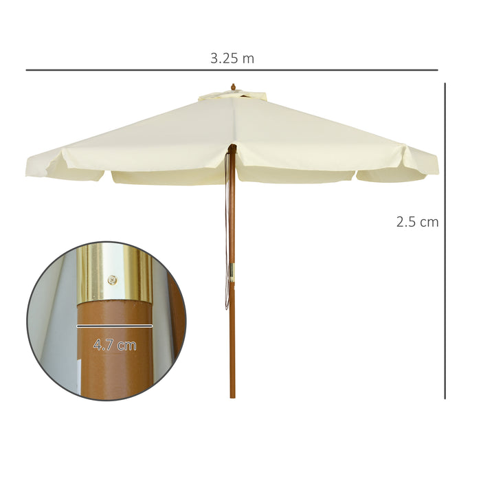 Garden Parasol with Bamboo Ribs - 3.3m Beige Patio Umbrella & Sun Shade Canopy with Ruffles, Wood Pole - Ideal for Outdoor Comfort and UV Protection