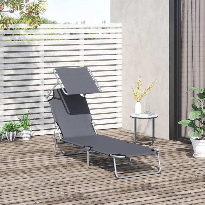 Folding Sun Lounger with Shade Awning - Adjustable Reclining Chair for Beach and Garden - Grey Outdoor Patio Recliner for Sunbathing and Relaxation