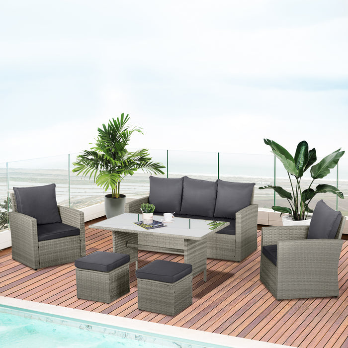 6-Piece Patio Dining Set - Outdoor PE Rattan Wicker Furniture with Tempered Glass Table and Grey Cushions - Ideal for Garden and Backyard Entertaining