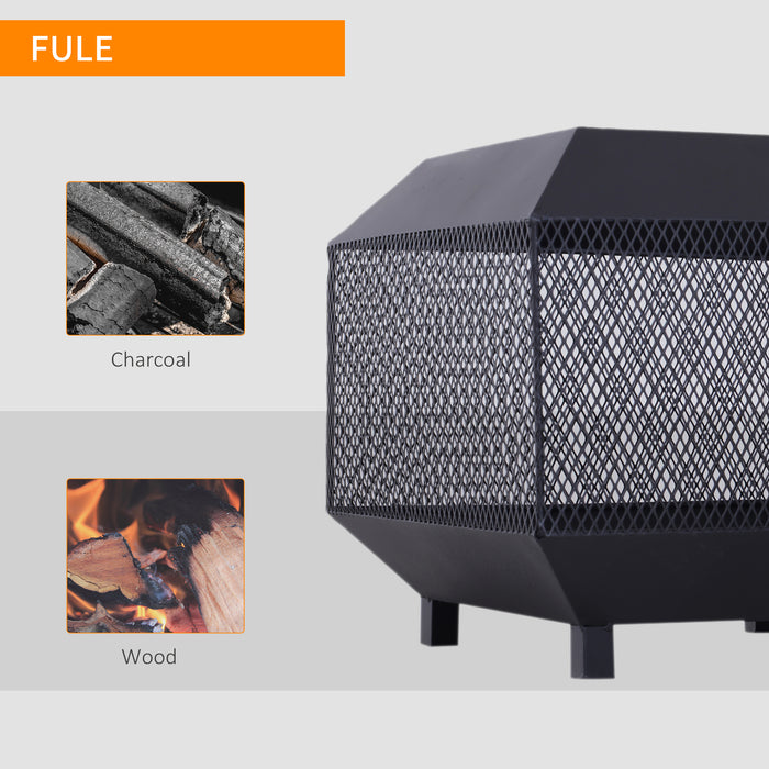 Outdoor Metal Square Fire Pit with Mesh Lid & Accessories - Sturdy Brazier with Log Grate and Poker for Backyard and Camping - Ideal Wood Burning Stove for Outdoor Entertainment, 44x44x40cm, Black