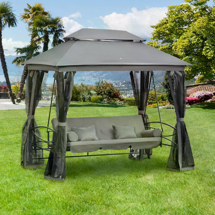 Outdoor 3-Person Swing Bench - Patio Hammock Gazebo Chair with Double Tier Canopy, Cushioned Seating & Mesh Sidewalls - Relaxing Garden Seating Solution