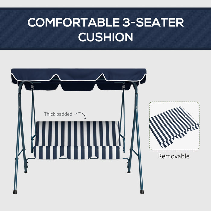 3-Seat Swing Chair - Adjustable Canopy Garden Swing Seat for Patio in Blue and White - Ideal for Relaxing Outdoors