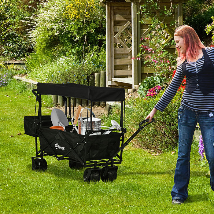 Beachcomber All-Terrain Folding Wagon - 4-Wheel Storage Trolley Cart with Handle and Overhead Canopy - Portable Push-Pull Trailer for Camping and Beach Outings, Black