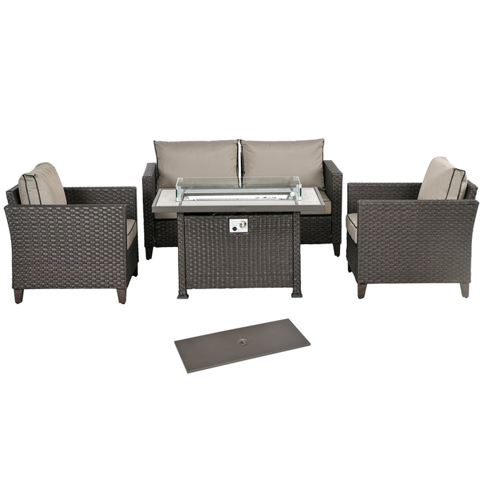 5-Piece Rattan Patio Set with Gas Fire Pit - Comfy Loveseat, Plush Armchairs, Cozy Cushions and Pillows, Deep Brown - Ideal for Outdoor Entertainment and Relaxation