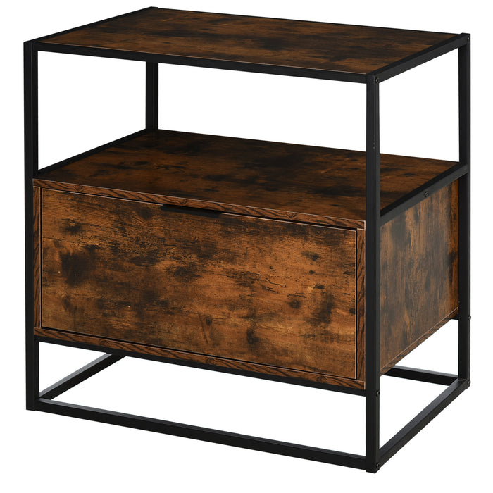 Industrial-Chic Side Table with Storage Drawer - Open Shelf, Large Base, and Steel Frame - Retro Two-Tone Design for Bedroom and Living Room Decor