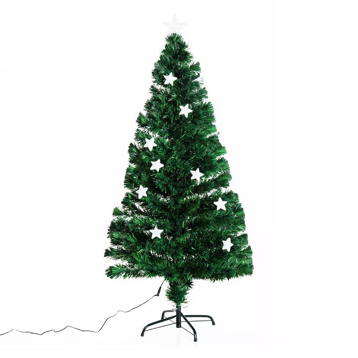 Green Fibre Optic 5ft Artificial Christmas Tree with Stars - 150cm Festive Decoration with Glowing Fibers - Ideal Holiday Centerpiece for Home & Office