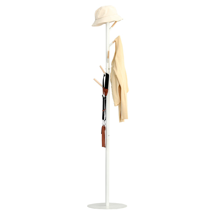 Free Standing 174cm Coat Rack Stand with 6 Hooks - Clothes, Hat Display and Hanging Organizer in White - Ideal for Hallway, Entryway Storage