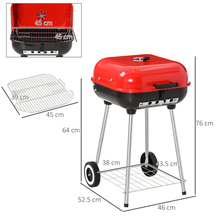 Charcoal Trolley BBQ Grill - High-Temp Powder-Coated Outdoor Barbecue with Wheels, 46x52.5x76cm - Perfect for Garden Cooking and Grilling Events