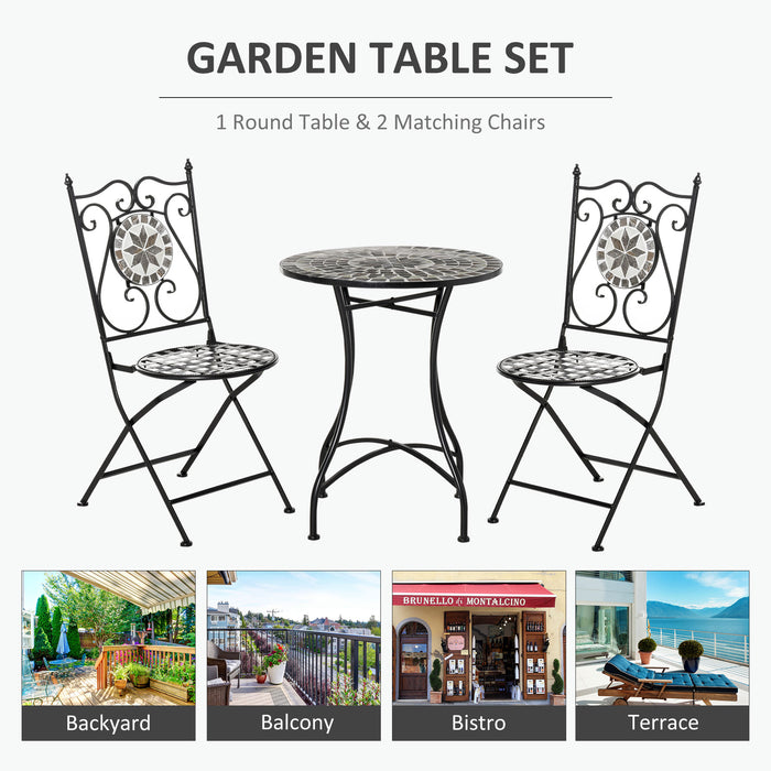 3 Pcs Mosaic Tile Bistro Set - Metal Frame Garden Furniture with Folding Chairs and Elegant Scrolling - Ideal for Outdoor Patio or Balcony Seating