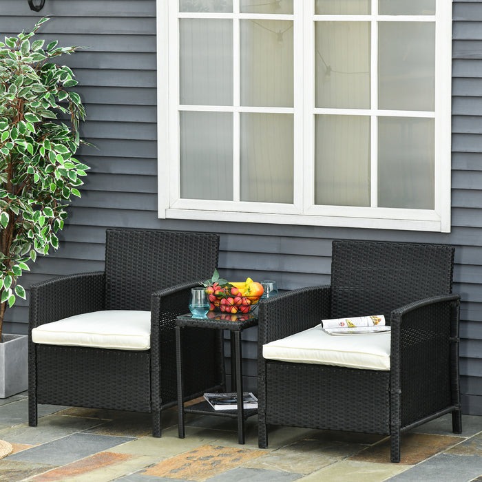 Outdoor Rattan 3-Piece Bistro Set - Wicker Weave Jack and Jill Seat with Cushioned Sofa Chairs & Table - Ideal for Patio, Garden, and Conservatory Entertainment