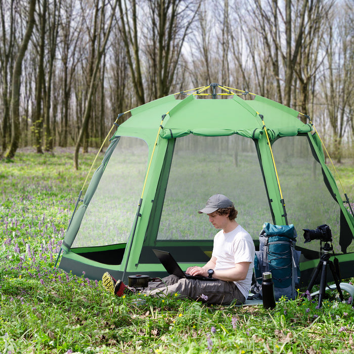 6-Person Instant Pop-Up Camping Tent - Dual-Level, Ventilated Backpacking Shelter with 4 Windows and 2 Doors - Ideal for Family Fishing and Hiking Trips, Includes Portable Carry Bag, Green