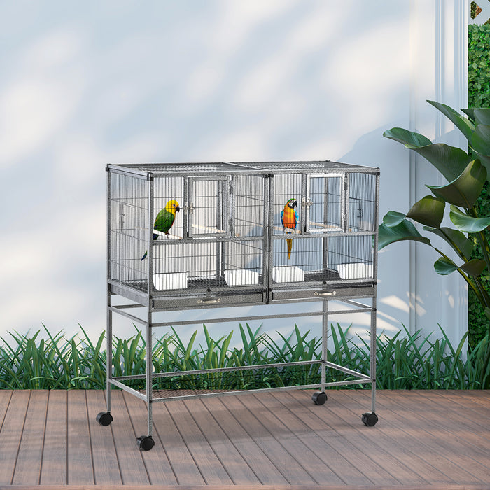 Deluxe Double Rolling Metal Parrot Cage - Includes Removable Tray, Storage, Wooden Perch & Food Holder - Ideal for Avian Pets & Bird Care Enthusiasts