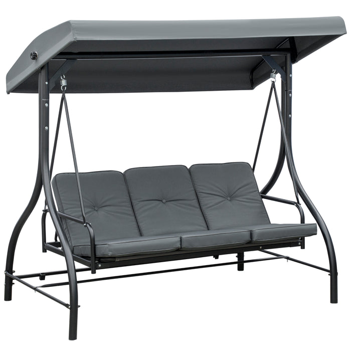 3-Seater Convertible Canopy Swing Chair - Garden Seating to Bed, Adjustable Top, Sturdy Metal Frame, in Dark Grey - Perfect Outdoor Lounger for Relaxation and Entertaining