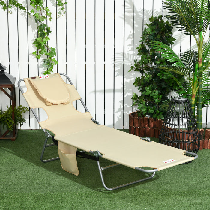 Foldable Beach Sun Lounger with Reading Hole - Adjustable Chaise Lounge with Arm Slots, Side Pocket & Pillow - Ideal for Patio Relaxation and Outdoor Sunbathing