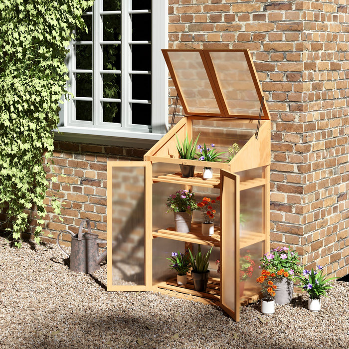 Cold Frame Wooden Greenhouse - Polycarbonate Semi-Transparent Glazing with Openable Lid and Double Doors - Ideal for Season Extension & Protecting Seedlings, 70x50x120cm, Brown