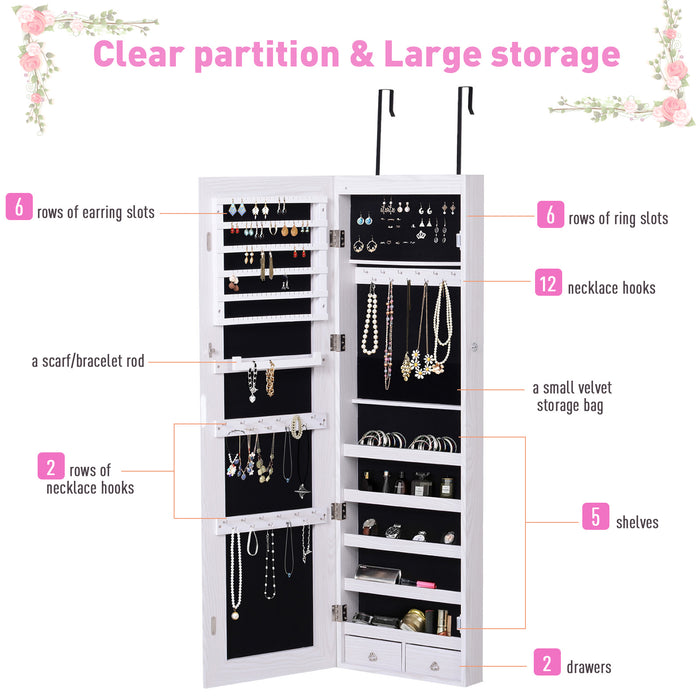 Mirrored Jewelry Cabinet Organizer with LED Lights - Door or Wall Mounted, Lockable Storage - Space-Saving Solution for Accessories and Valuables