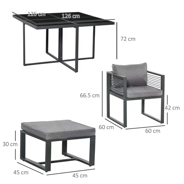 Aluminium 8-Person Cube Garden Dining Set - Outdoor Furniture with Table, 4 Chairs, 4 Footstools & Cushions - Ideal for Patio Entertaining and Family Gatherings