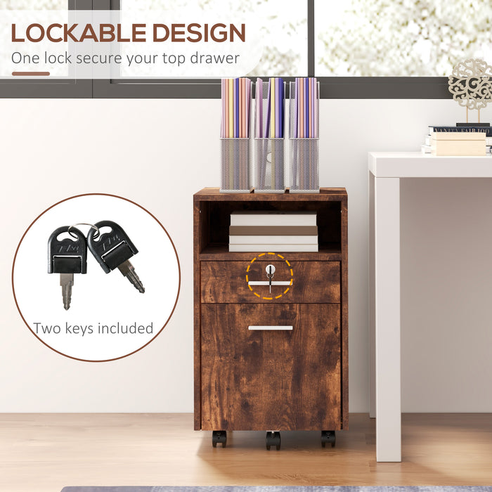 Mobile Lockable Filing Cabinet on Wheels - Home Office Rolling Storage with Hanging Bar, A4 & Letter Size - Secure Organizer for Documents, Rustic Brown Design