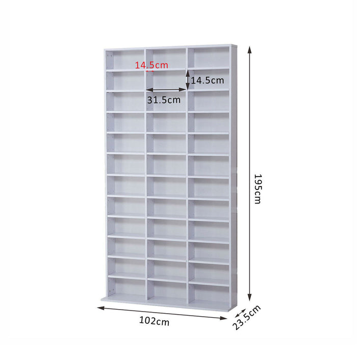 CD/DVD Storage Organizer Rack - Adjustable Shelf Unit for Up to 1116 CDs, 102 x 24 x 195 cm, White - Space-Saving Solution for Media Enthusiasts