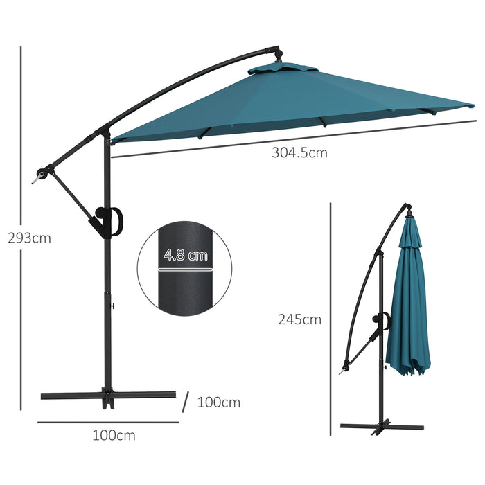 Cantilever 3m Banana Parasol with Cross Base - Round Hanging Patio Umbrella with Crank Handle, Tilt, and 8 Ribs - Ideal Shade for Outdoor Pool, Garden, Balcony in Blue