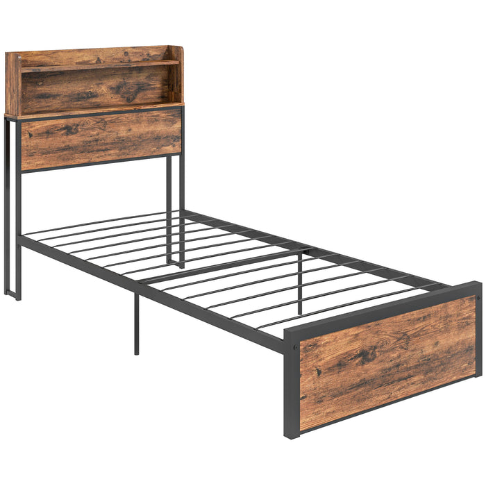 Industrial-Style Single Bed Frame - 3.1FT Steel Base with Storage Headboard and Footboard, Ample Under Bed Space - Ideal for Space-Saving & Rustic Brown Bedroom Decor