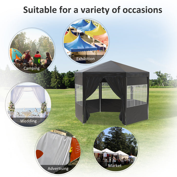 Hexagonal Gazebo Party Tent with Removable Walls - 4m Outdoor Canopy with Windows & Doors, Black - Ideal for Gatherings & Events