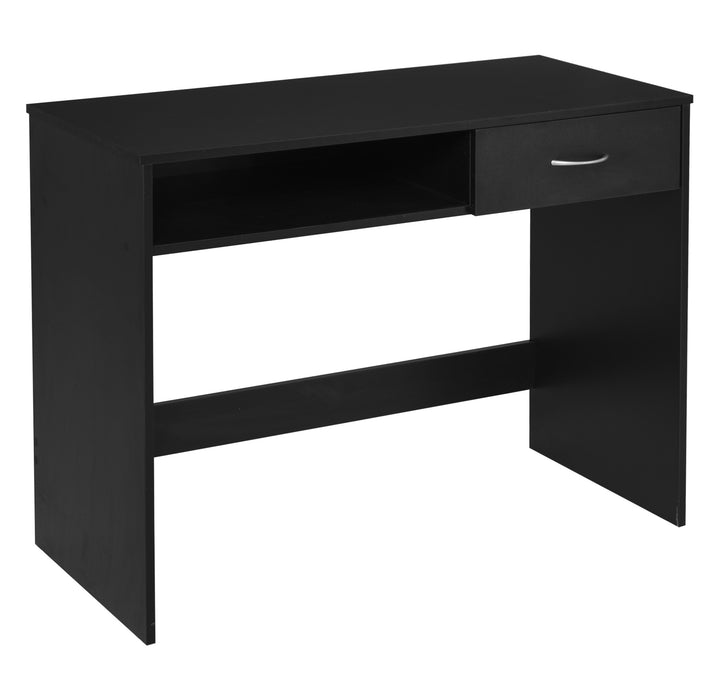 Modern Computer Work Desk with Shelf and Drawer - Ergonomic Standing Writing Station, Stylish Storage Solution - Ideal for Study or Display in Compact Spaces, Black