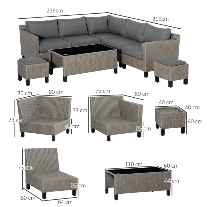 7-Seater PE Rattan Sofa Set - Wicker Garden Patio Conservatory Corner Lounge with Glass Coffee Table & Grey Cushions - Ideal for Outdoor Entertaining and Relaxation