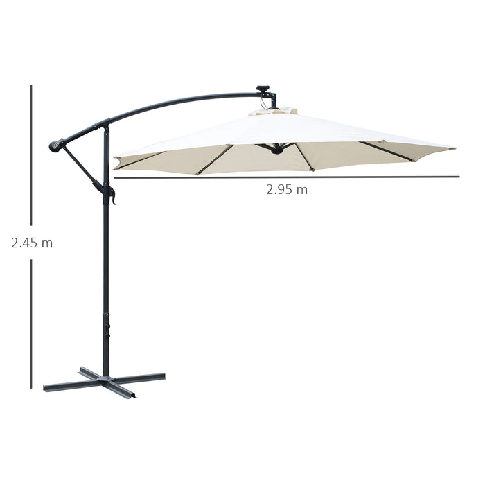 3M LED Cantilever Banana Parasol - Solar Powered Hanging Umbrella with Crank Handle, Off-White Canopy - Ideal for Outdoor Relaxation and Patio Sun Protection