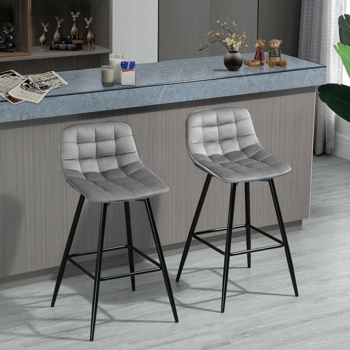 Velvet-Touch Upholstered Bar Stools Set of 2 - Grey Kitchen Counter Chairs with Metal Legs and Backrest - Elegant Dining Seating for Home & Entertaining